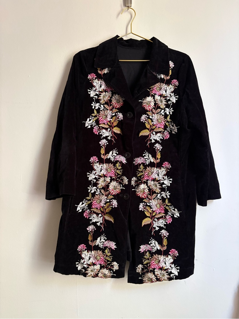 90s Vintage Black Velvet Floral Embroidered Long Coat